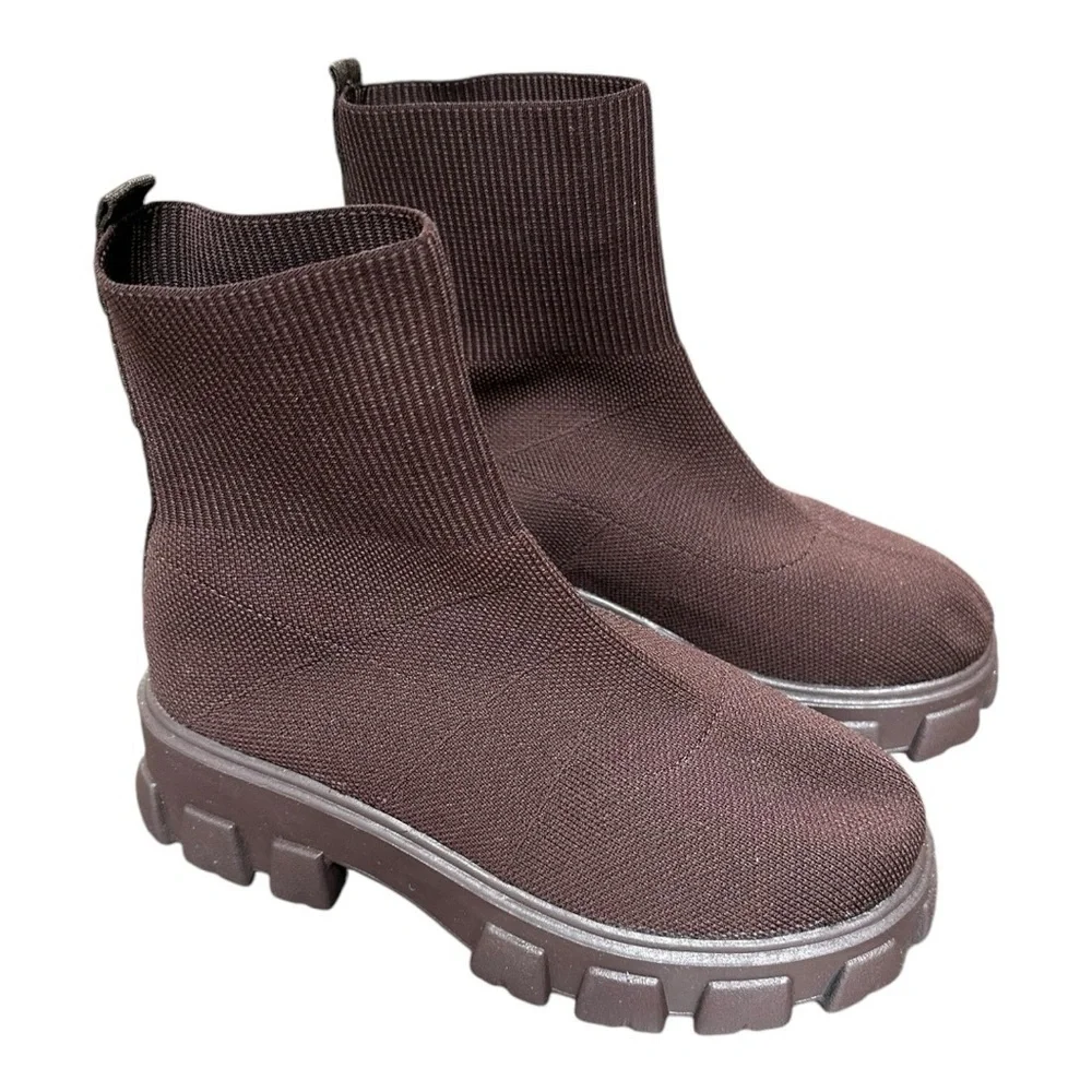 Chelsea Moto Boots 39 Sz 8.5 NWOT Chunky Casual Fall Brown Woven Sock Knit Ankle